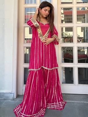 Women's pink viscose embroidered straight kurti set for women with sharara 4