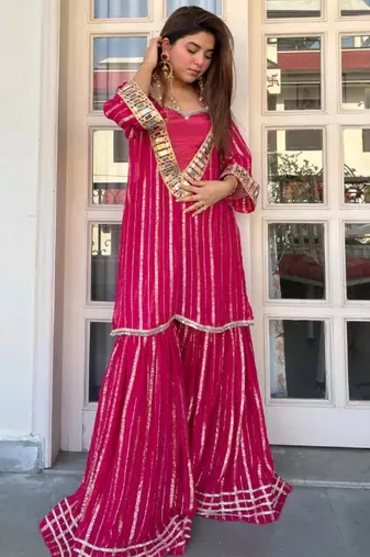 Women's pink viscose embroidered straight kurti set for women with sharara