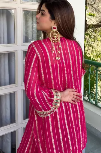 Women's pink viscose embroidered straight kurti set for women with sharara