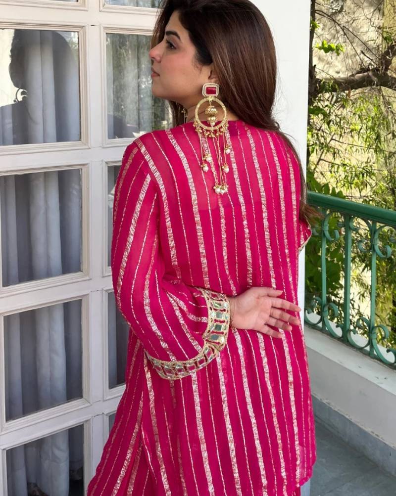 Women's pink viscose embroidered straight kurti set for women with sharara