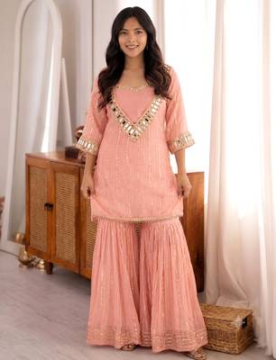 Women's peach viscose embroidered straight kurti set for women with sharara 1