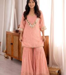 Women's peach viscose embroidered straight kurti set for women with sharara