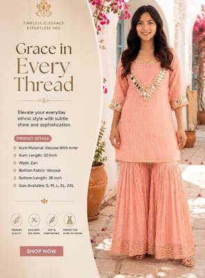 Women's peach viscose embroidered straight kurti set for women with sharara 2