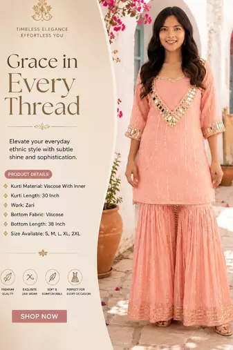 Women's peach viscose embroidered straight kurti set for women with sharara