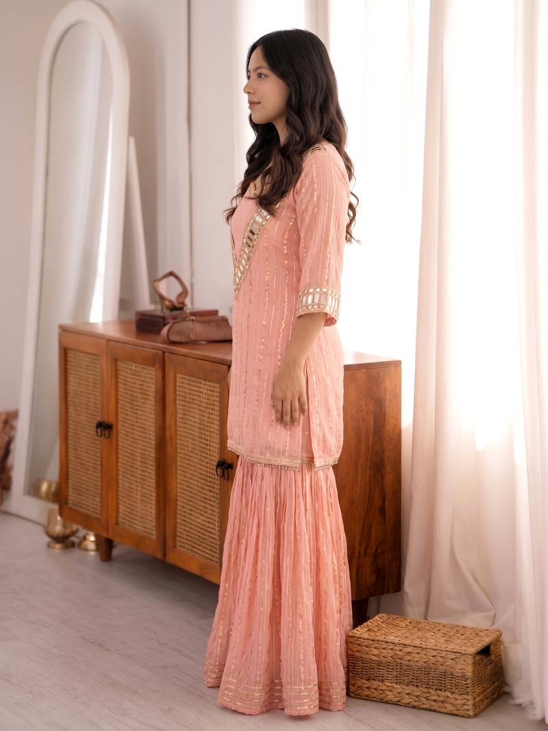 Women's peach viscose embroidered straight kurti set for women with sharara