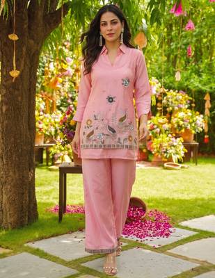 Women's pink viscose embroidered kurti set with pant 1