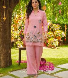 Women's pink viscose embroidered kurti set with pant