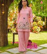 Women's pink viscose embroidered kurti set with pant