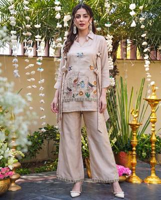 Women's cream viscose embroidered kurti set with pant 1