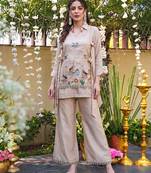 Women's cream viscose embroidered kurti set with pant