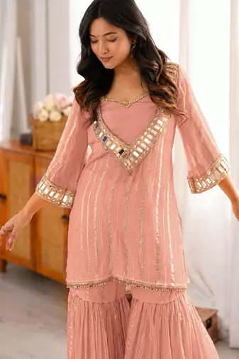 Women's peach viscose embroidered straight kurti set for women with sharara
