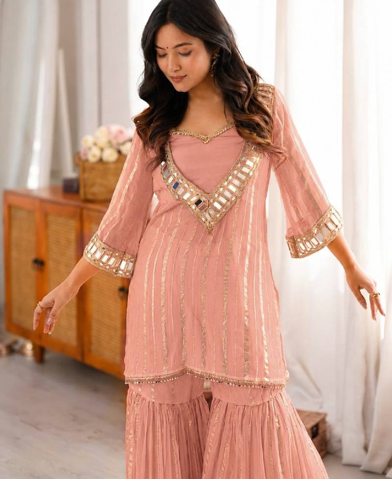 Women's peach viscose embroidered straight kurti set for women with sharara