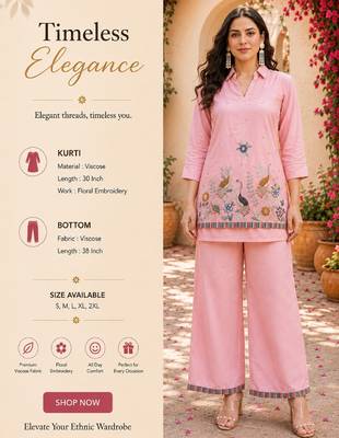 Women's pink viscose embroidered kurti set with pant 2