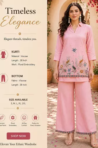 Women's pink viscose embroidered kurti set with pant