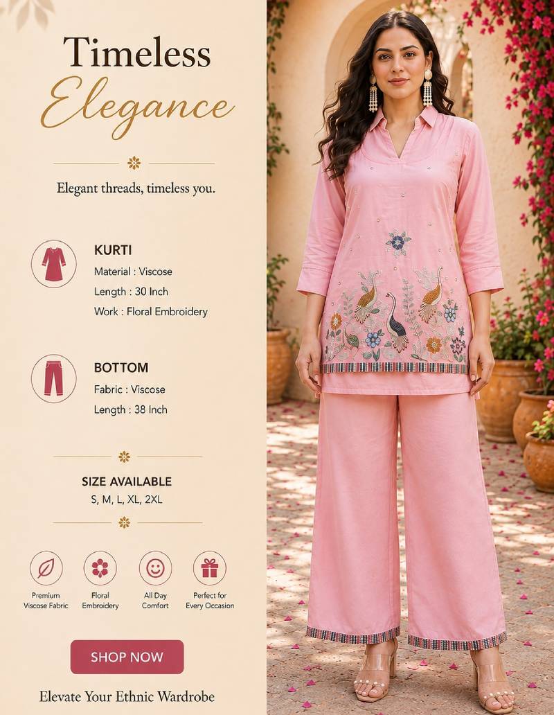 Women's pink viscose embroidered kurti set with pant