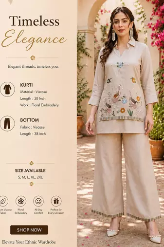 Women's cream viscose embroidered kurti set with pant