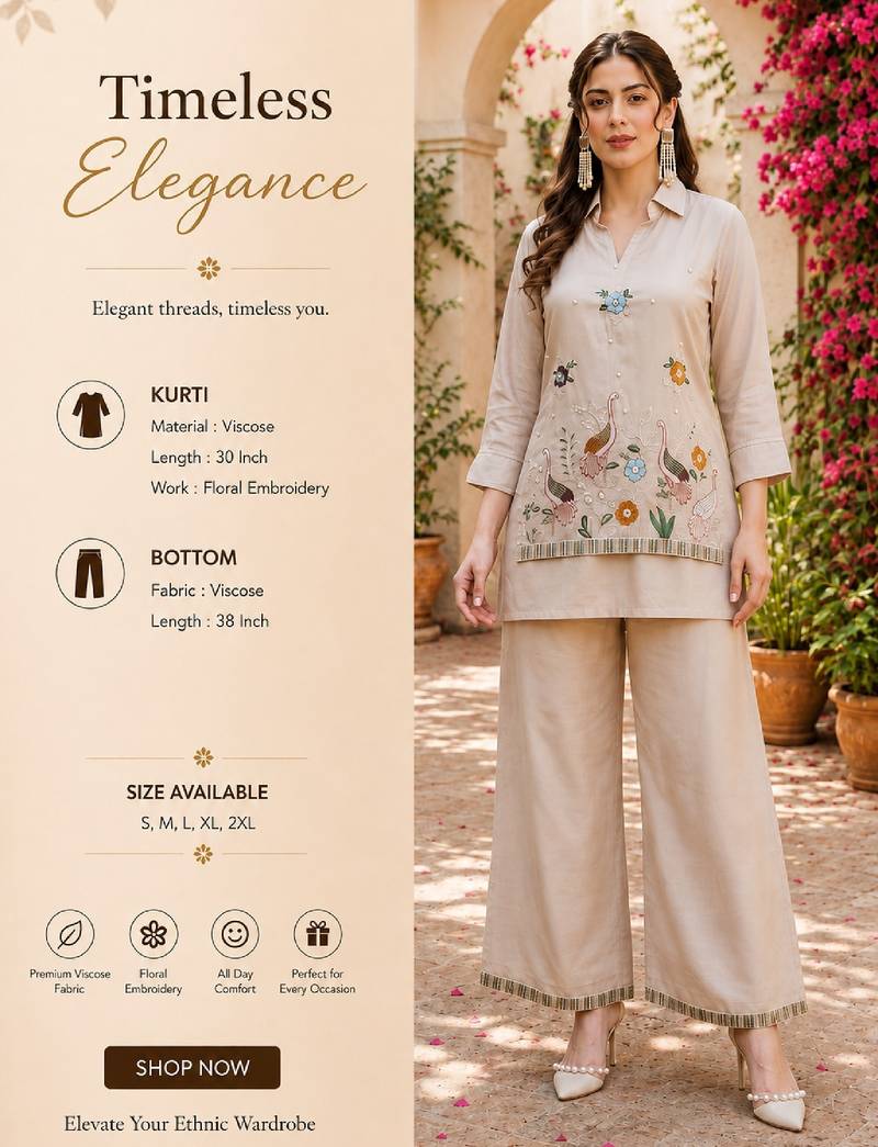 Women's cream viscose embroidered kurti set with pant