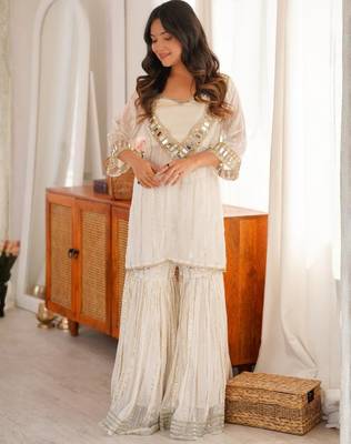 Women's off white viscose embroidered straight kurti set for women with sharara 1