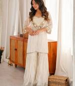 Women's off white viscose embroidered straight kurti set for women with sharara