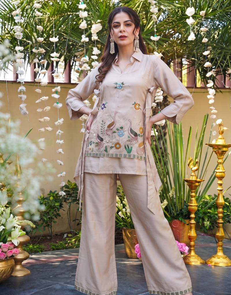 Women's cream viscose embroidered kurti set with pant