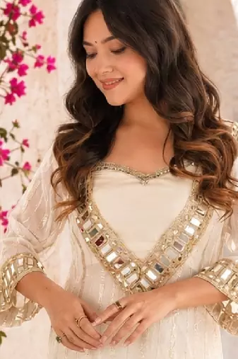 Women's off white viscose embroidered straight kurti set for women with sharara