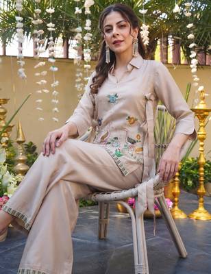 Women's cream viscose embroidered kurti set with pant 4