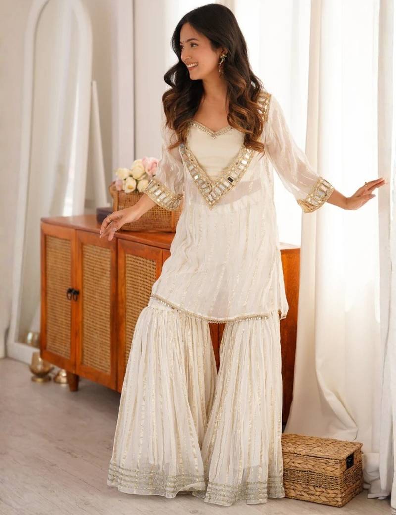 Women's off white viscose embroidered straight kurti set for women with sharara