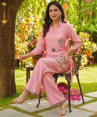 Women's pink viscose embroidered kurti set with pant 5