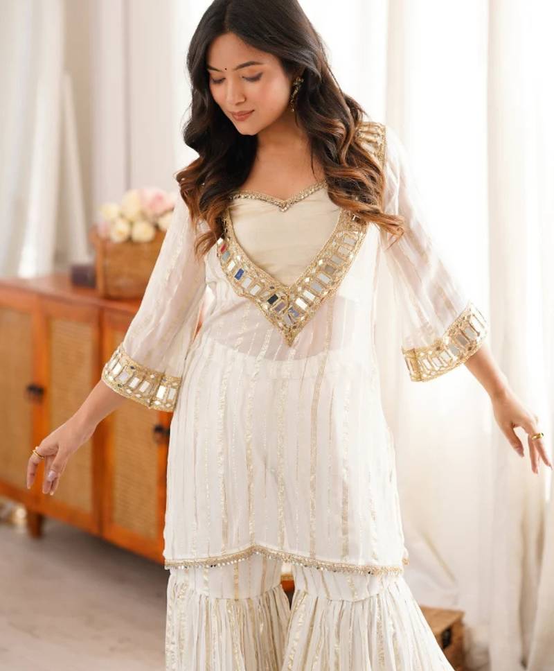 Women's off white viscose embroidered straight kurti set for women with sharara