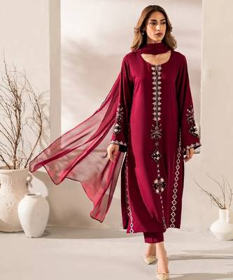 Women's maroon silk blend embroidered straight kurta set with pant and dupatta 1