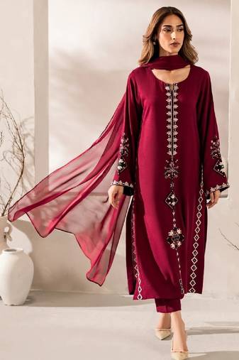 Women's maroon silk blend embroidered straight kurta set with pant and dupatta