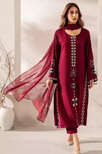 Women's maroon silk blend embroidered straight kurta set with pant and dupatta