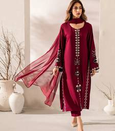 Women's maroon silk blend embroidered straight kurta set with pant and dupatta
