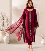 Women's maroon silk blend embroidered straight kurta set with pant and dupatta