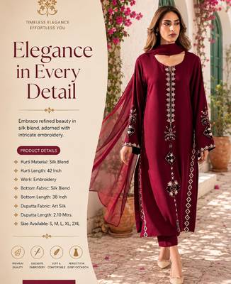 Women's maroon silk blend embroidered straight kurta set with pant and dupatta 2