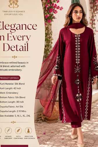 Women's maroon silk blend embroidered straight kurta set with pant and dupatta