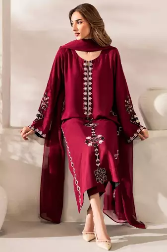 Women's maroon silk blend embroidered straight kurta set with pant and dupatta