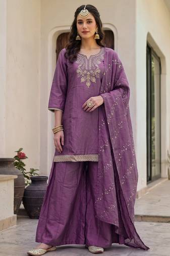 Women's purple silk blend embroidered straight kurta set with palazzo and dupatta