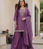 Women's purple silk blend embroidered straight kurta set with palazzo and dupatta