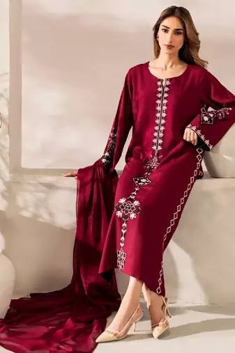Women's maroon silk blend embroidered straight kurta set with pant and dupatta