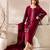 Women's maroon silk blend embroidered straight kurta set with pant and dupatta