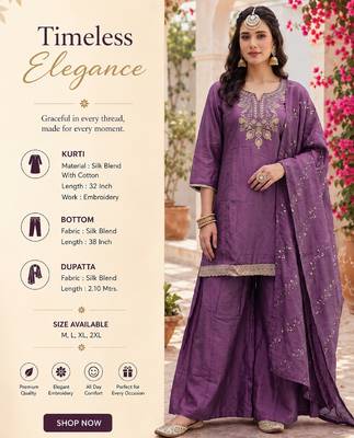 Women's purple silk blend embroidered straight kurta set with palazzo and dupatta 2