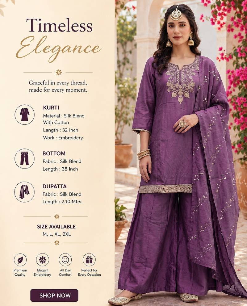 Women's purple silk blend embroidered straight kurta set with palazzo and dupatta
