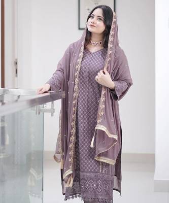 Women's mauve georgette embroidered straight kurta set with pant and dupatta 1