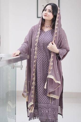Women's mauve georgette embroidered straight kurta set with pant and dupatta