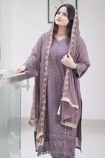 Women's mauve georgette embroidered straight kurta set with pant and dupatta