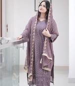 Women's mauve georgette embroidered straight kurta set with pant and dupatta