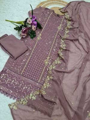 Women's mauve georgette embroidered straight kurta set with pant and dupatta 2