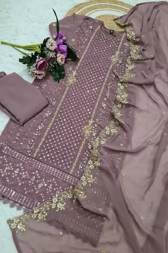 Women's mauve georgette embroidered straight kurta set with pant and dupatta