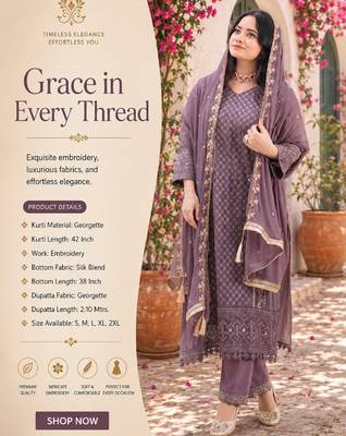 Women's mauve georgette embroidered straight kurta set with pant and dupatta 2